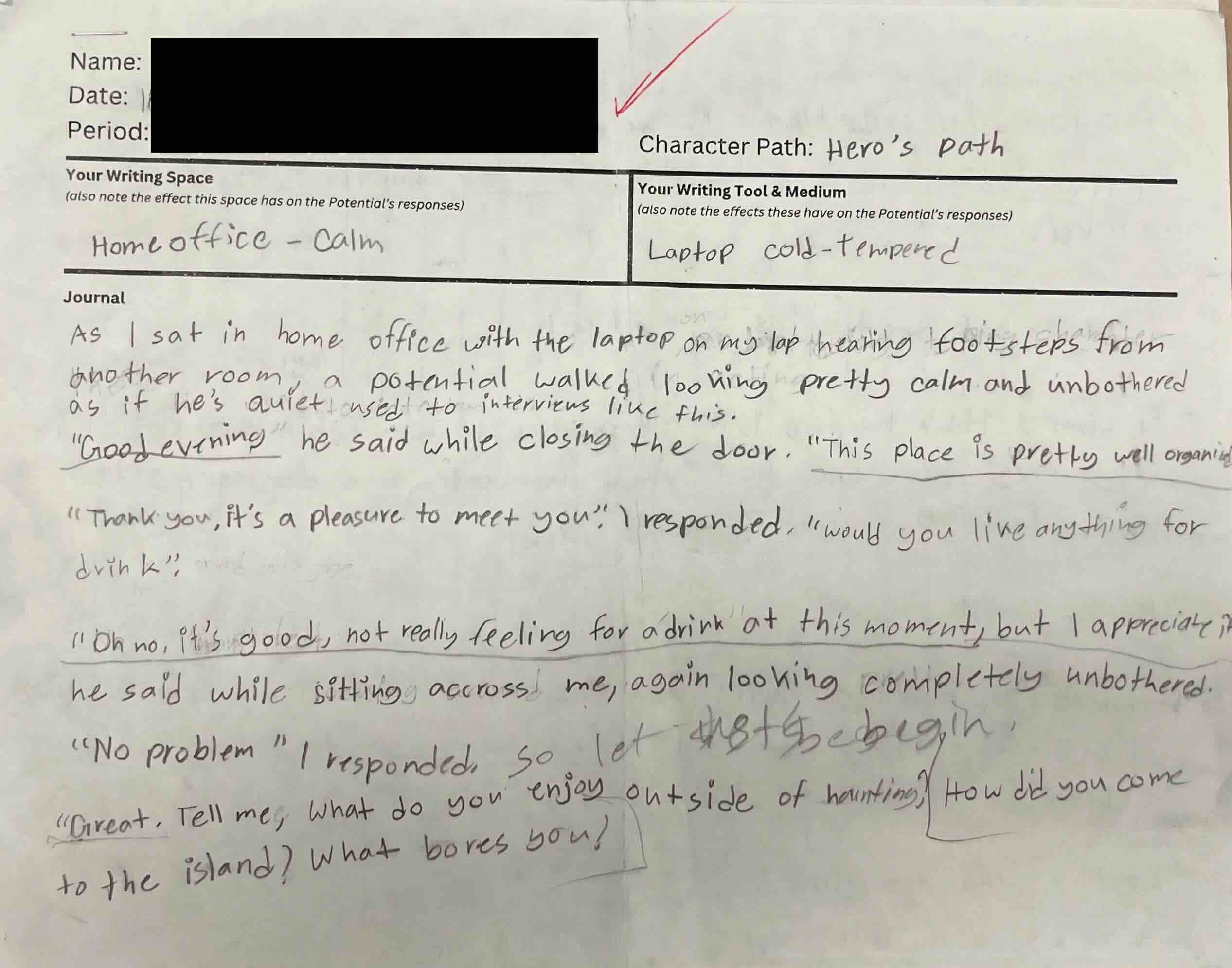 Student journals from "The Most Dangerous Game" unit, 2023